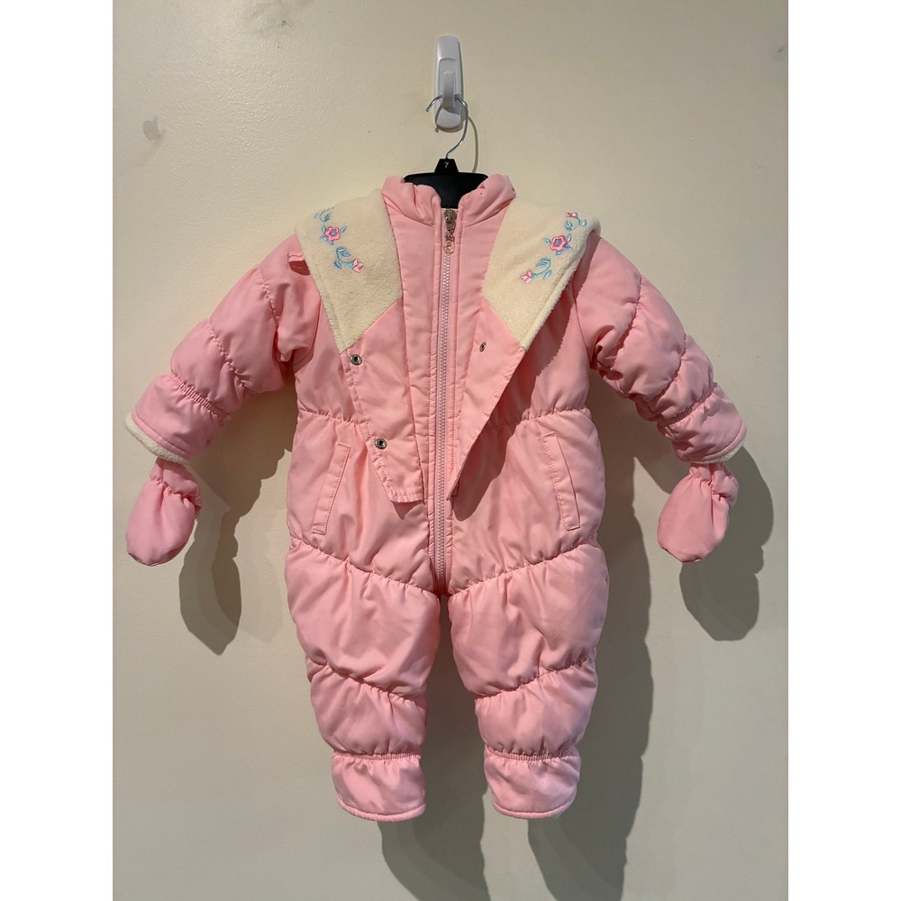 Vintage OshKosh Bgosh Pink Quilted Snowsuit Floral Embroidery Mittens 12M